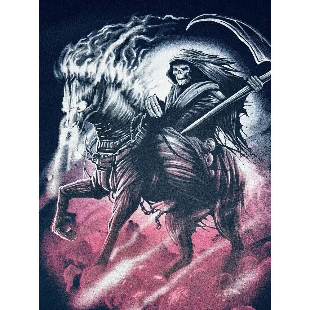 Grim Reaper Shirt Men’s Medium Skull Black Y2K Horse Graphic Print T-Shirt Heavy